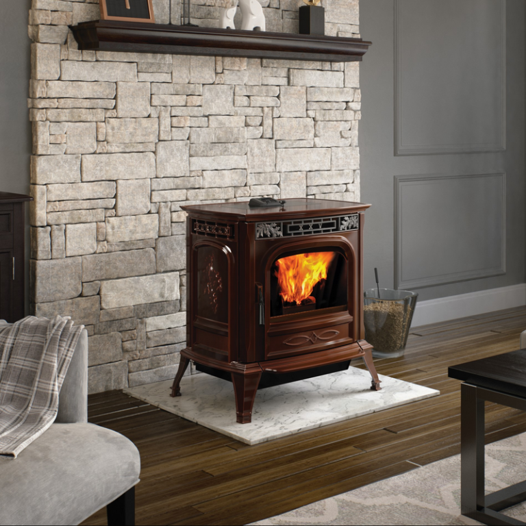 Harman XXV Pellet Stove Porcelain Mahogany Formal Living Room