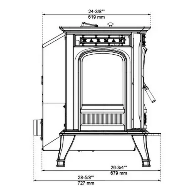 Harman XXV Pellet Stove Side Dimensions Sketch