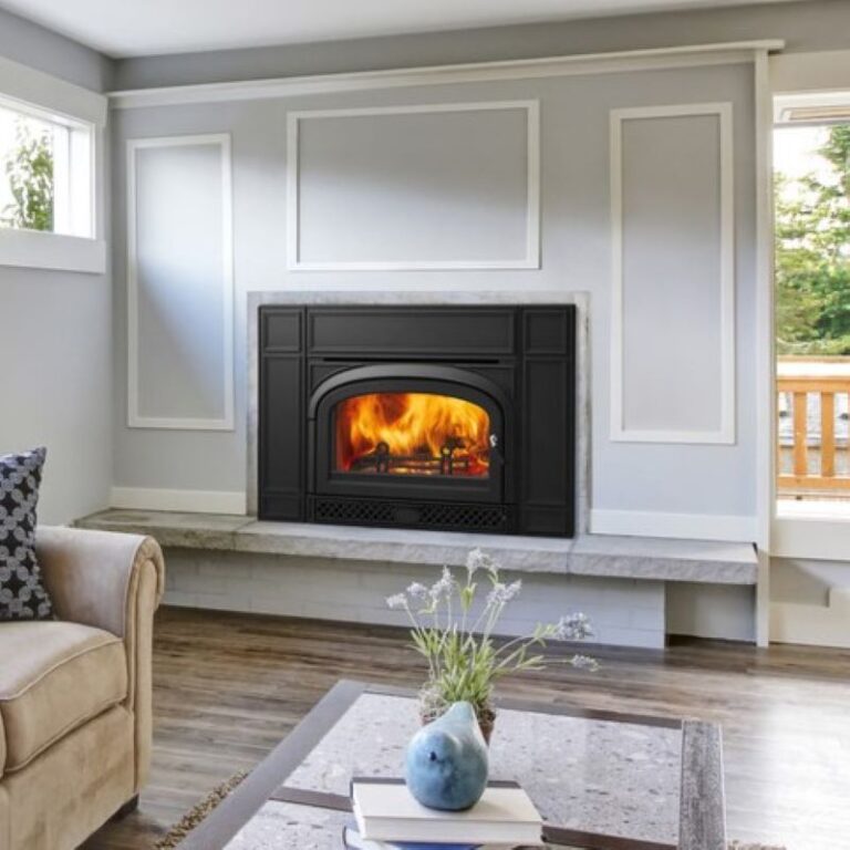 Vermont Castings Montpelier II Wood Stove Insert Cast Black in Modern Surround