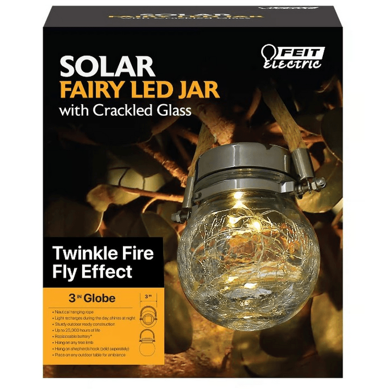 Feit Solar Fixtures 3.7 in Solar Power Round Glass Lantern Clear Crackle Jar w Fairy Lights