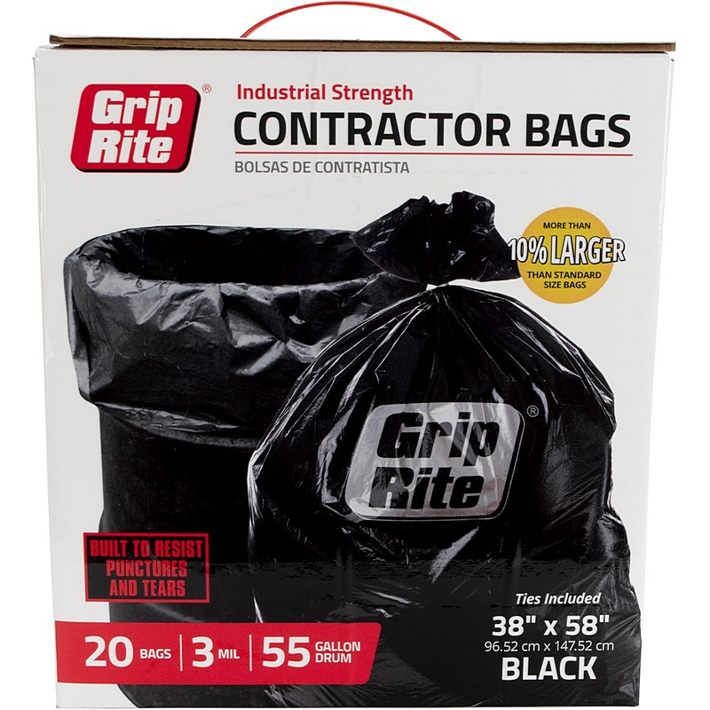 Grip Rite Heavy-Duty Black Contractor Garbage Bags 55 gal 20 ct
