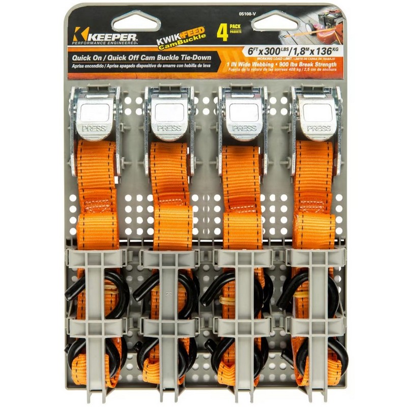 Keeper Buckle Tie Down Strap Orange 1” x 6’ 4 ct