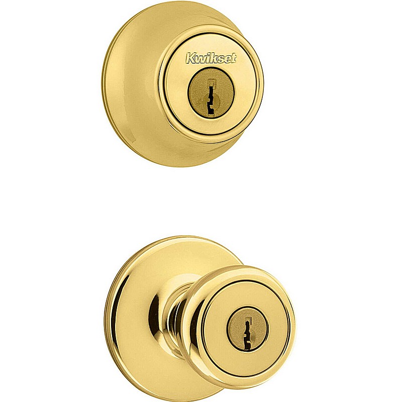 Kwikset Tylo Polished Brass Entry Lock Single Cylinder Deadbolt Door Knob Set