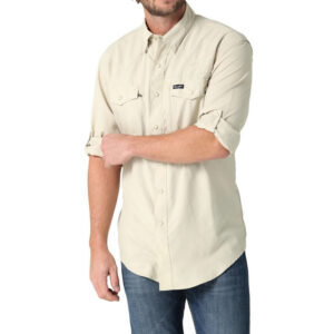 Wrangler Mens Western Performance Snap Shirt Solid Beige