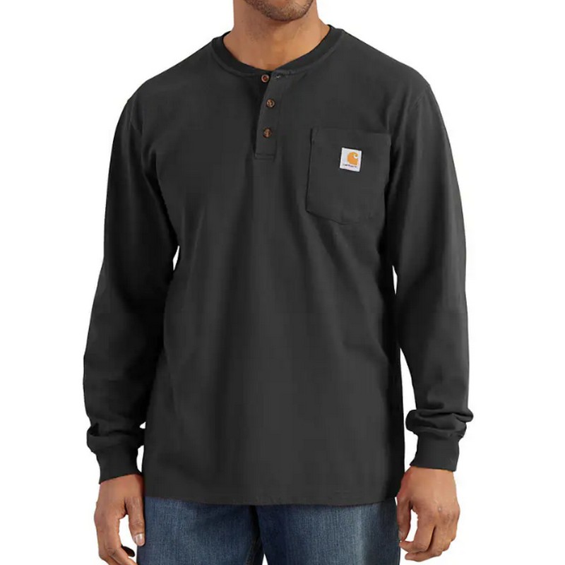 Carhartt Mens Long Sleeve Pocket Henley T-Shirt Loose Fit Heavyweight Black