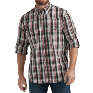 Wrangler Mens Western Performance Snap Plaid Shirt Black Red