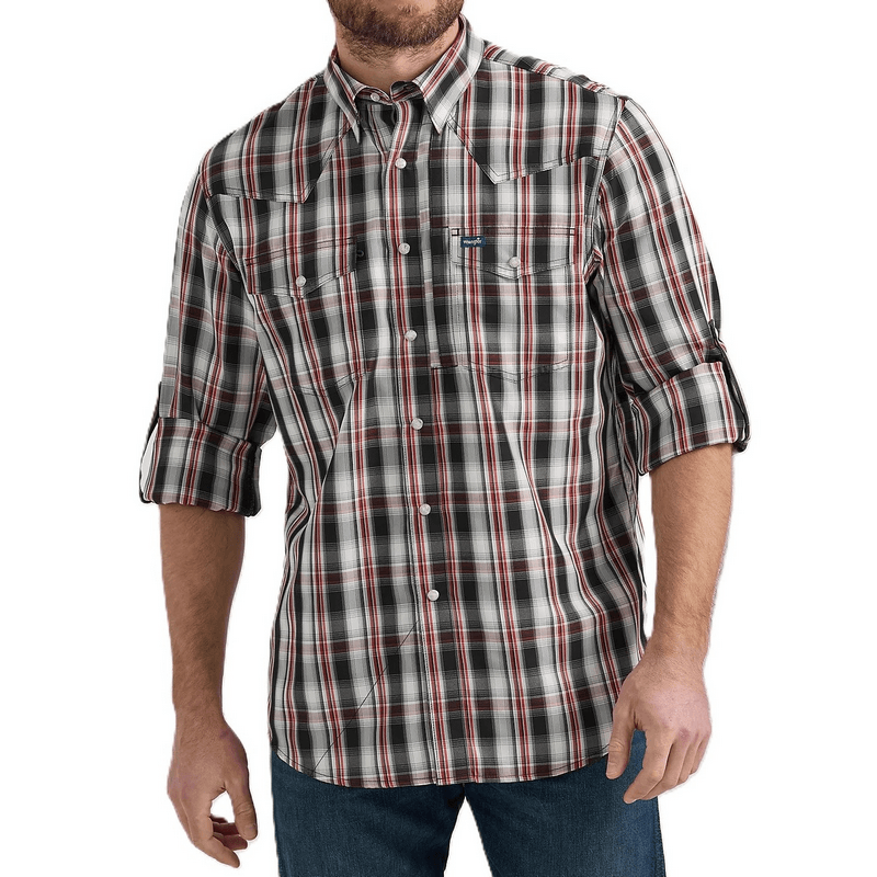 Wrangler Mens Western Performance Snap Plaid Shirt Black Red