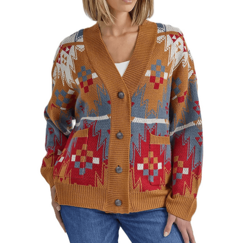 Wrangler Womens Western Pattern Cardigan Sweater Caramel