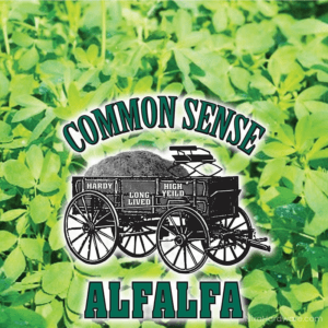 Common Sense Alfalfa Seed in field with logo
