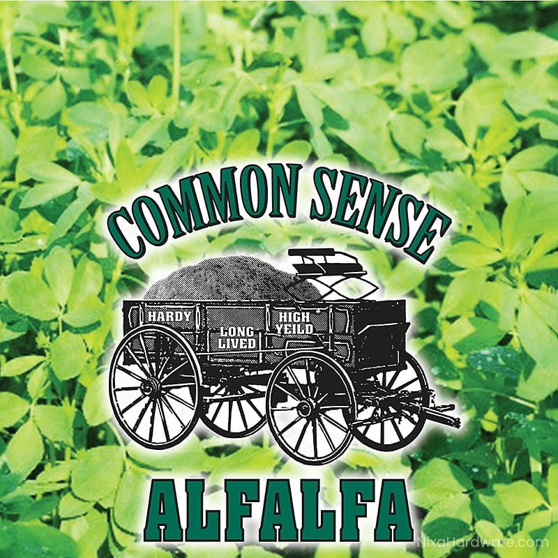 Common Sense Alfalfa Seed in field with logo