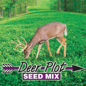 Deer Plot Seed Mix with deer eating in field and logo