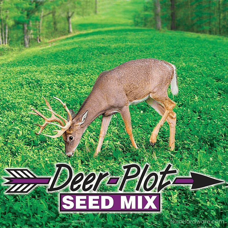 Deer Plot Seed Mix with deer eating in field and logo