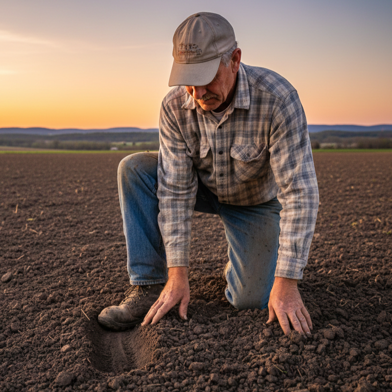 Farmer checking field before planting alfalfa seed