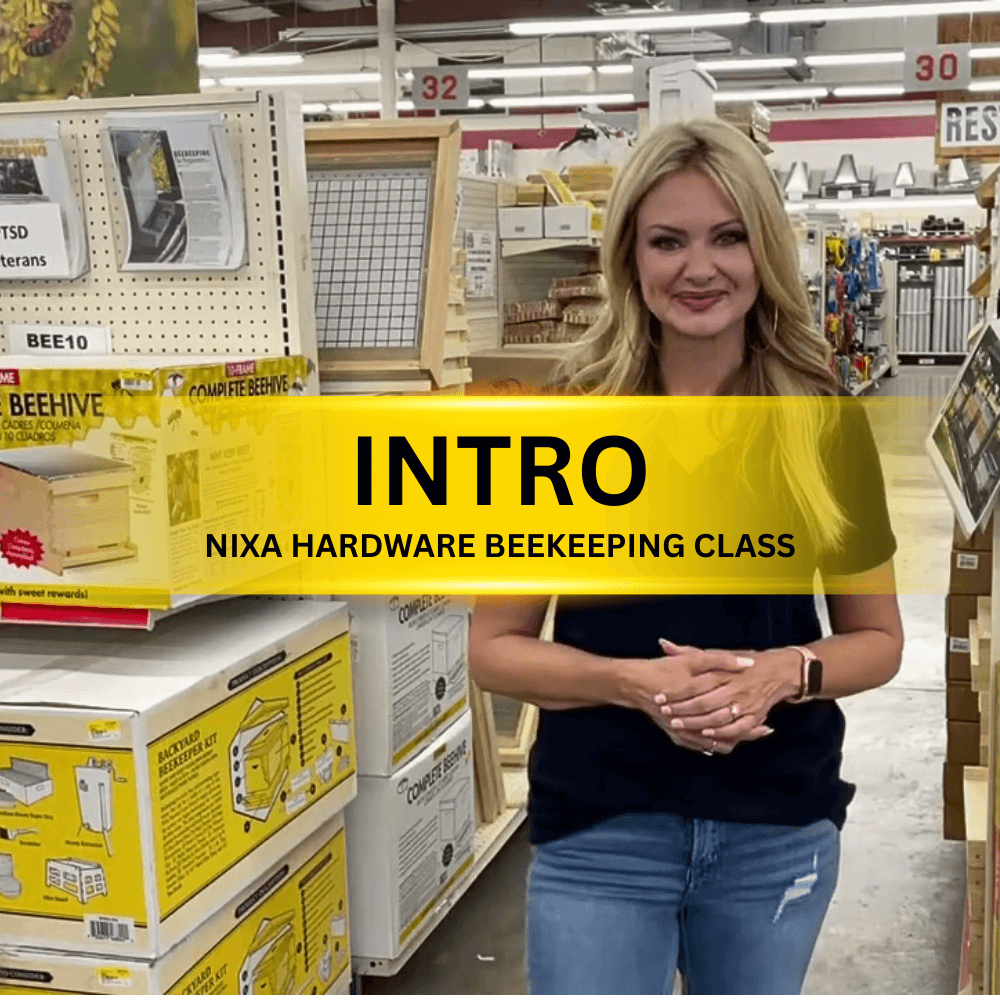 Cami from Nixa Hardware and Seed Co introducing the free beginner beekeeping course standing in the bee supply aisle.
