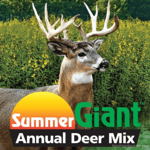 Summer Giant Deer Plot Seed Mix showing deer in field and logo