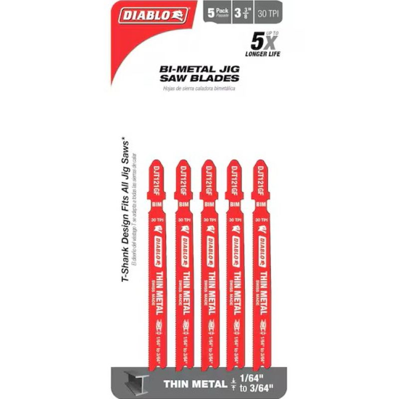 Diablo Bi-Metal T-Shank Thin Metal Jig Saw Blades 30TPI 3-3-8 5pk