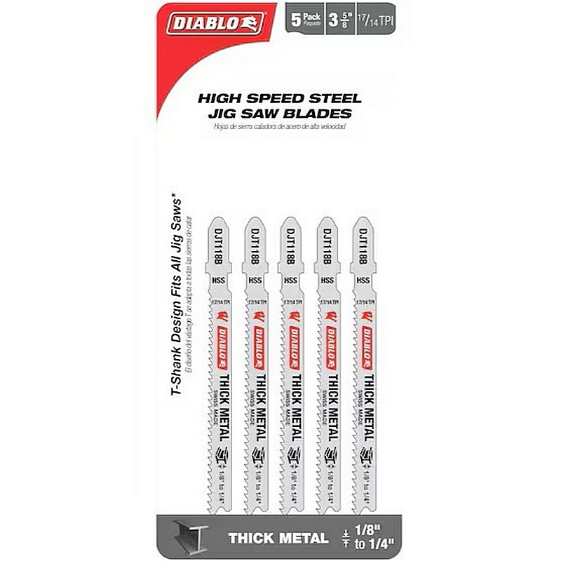 Diablo HSS T-Shank Thick Metal Jig Saw Blades 17/14TPI 3-5/8” 5pk