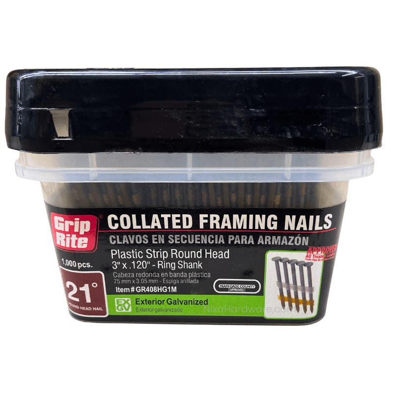 Grip-Rite Collated Framing Nails 21 Deg. 3"x.120" Exterior Galvanized Ring Shank Plastic Strip 1000 pk