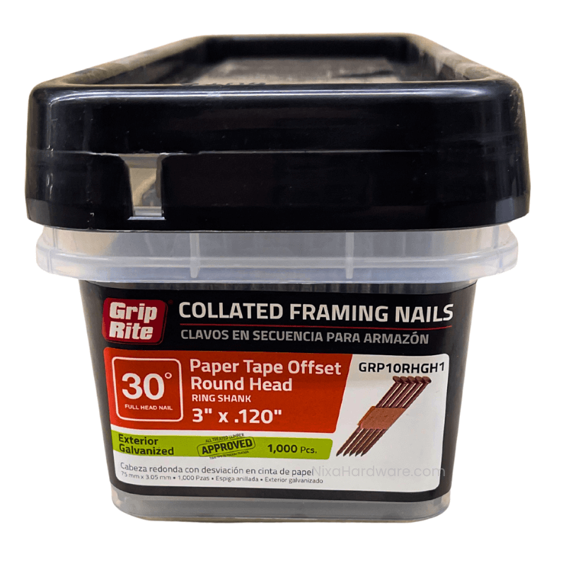 Grip-Rite Collated Framing Nails 30 Deg. 3"x.120" Exterior Galvanized Ring Shank Paper Tape Offset 1000 pk