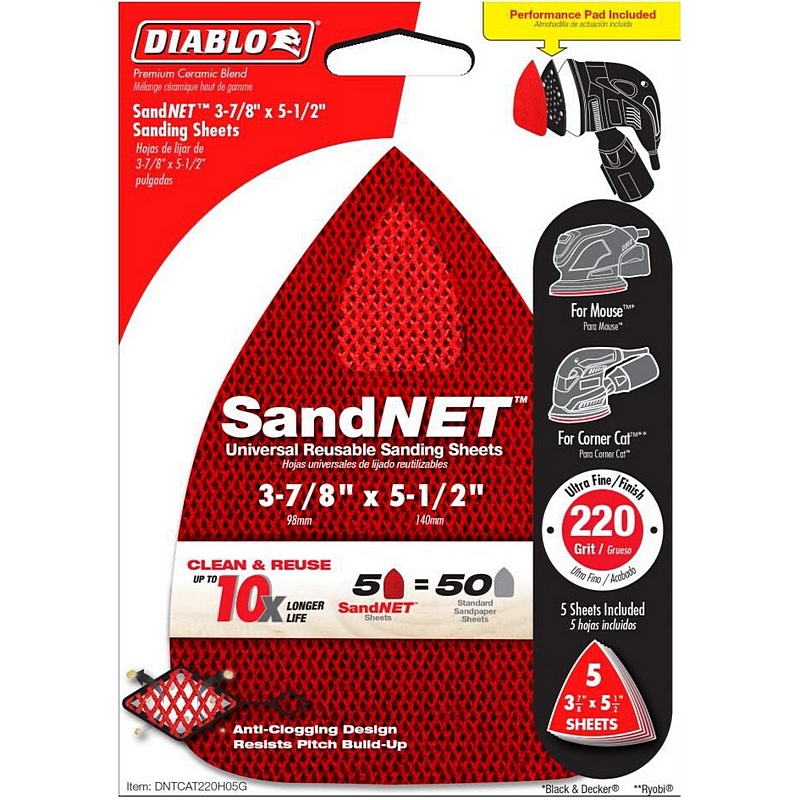 Diablo SandNet Cat/Mouse Sanding Sheets 220 Grit 3-7/8”x5-1/2”