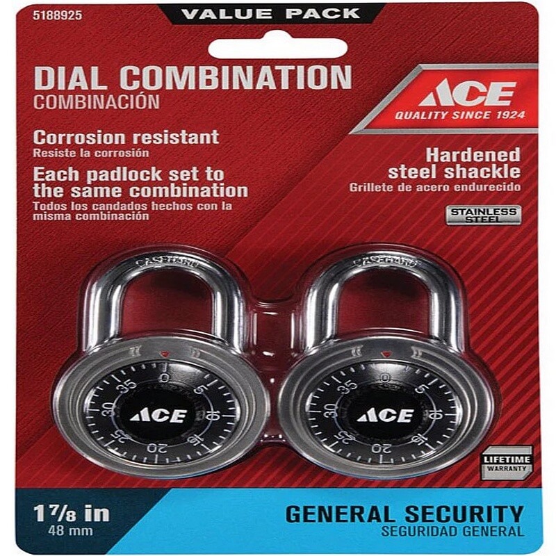 Ace Stainless Steel 3-Digit Combination Padlock 1-7/8”x1-7/8”x3/4” 2 pk