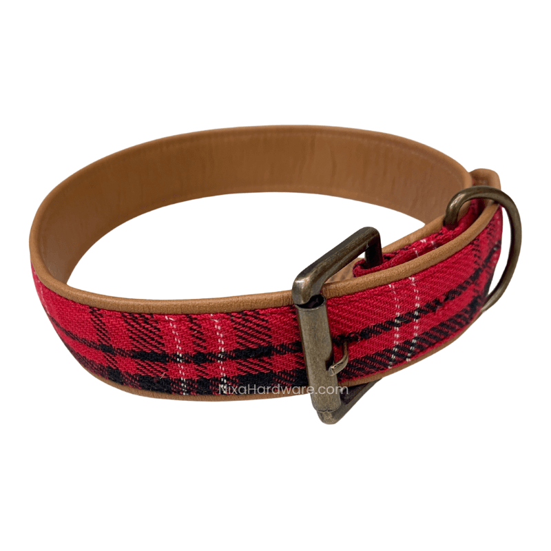 Cotton & Leather Multicolor Plaid Dog Collar 1-14″x25″