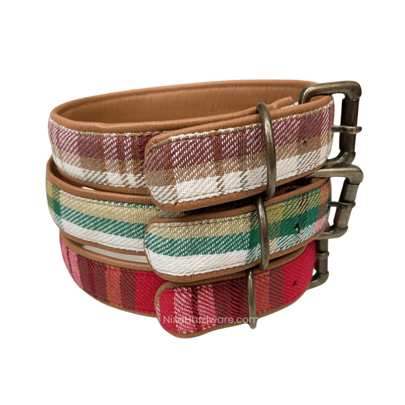 Cotton & Leather Plaid Dog Collar 1-14″x22-12″