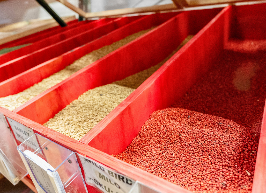 Nixa Hardware and Seed wholesale agricultural bins featuring bulk farm seeds and pasture mixes shipping daily from the Ozarks to the continental US.